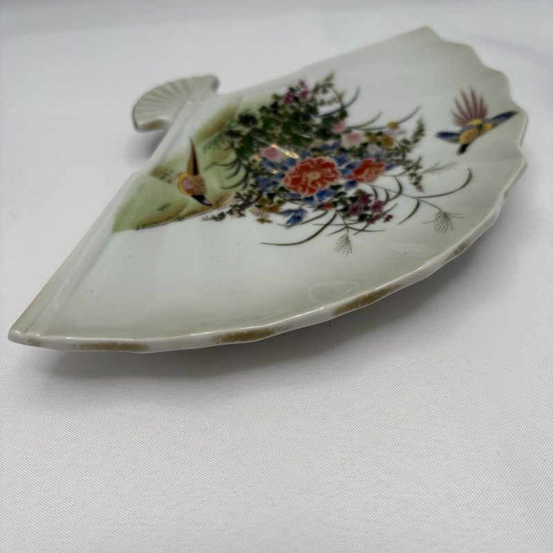 Vintage Meito Japan Fan Shaped Porcelain Dish Pheasants Floral Gold Trim