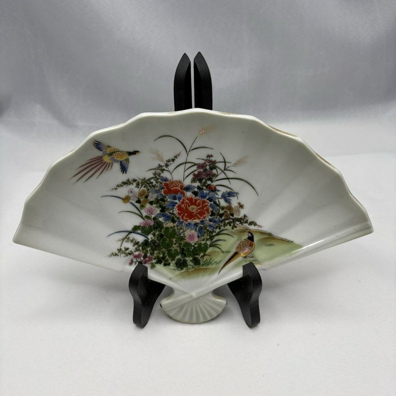 Vintage Meito Japan Fan Shaped Porcelain Dish Pheasants Floral Gold Trim