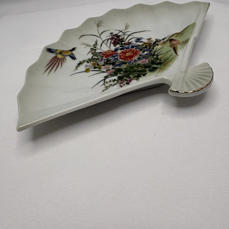 Vintage Meito Japan Fan Shaped Porcelain Dish Pheasants Floral Gold Trim