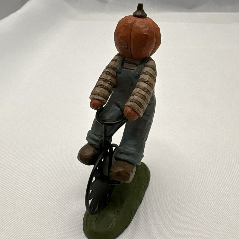 Suzi Skoglund Halloween Pumpkin Head Bicycle Figurines Set of 2 Folk Art