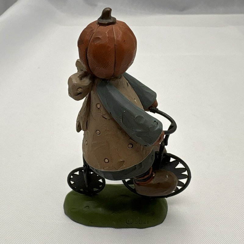 Suzi Skoglund Halloween Pumpkin Head Bicycle Figurines Set of 2 Folk Art