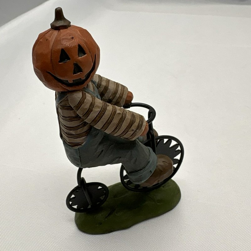 Suzi Skoglund Halloween Pumpkin Head Bicycle Figurines Set of 2 Folk Art