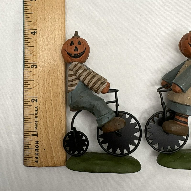 Suzi Skoglund Halloween Pumpkin Head Bicycle Figurines Set of 2 Folk Art