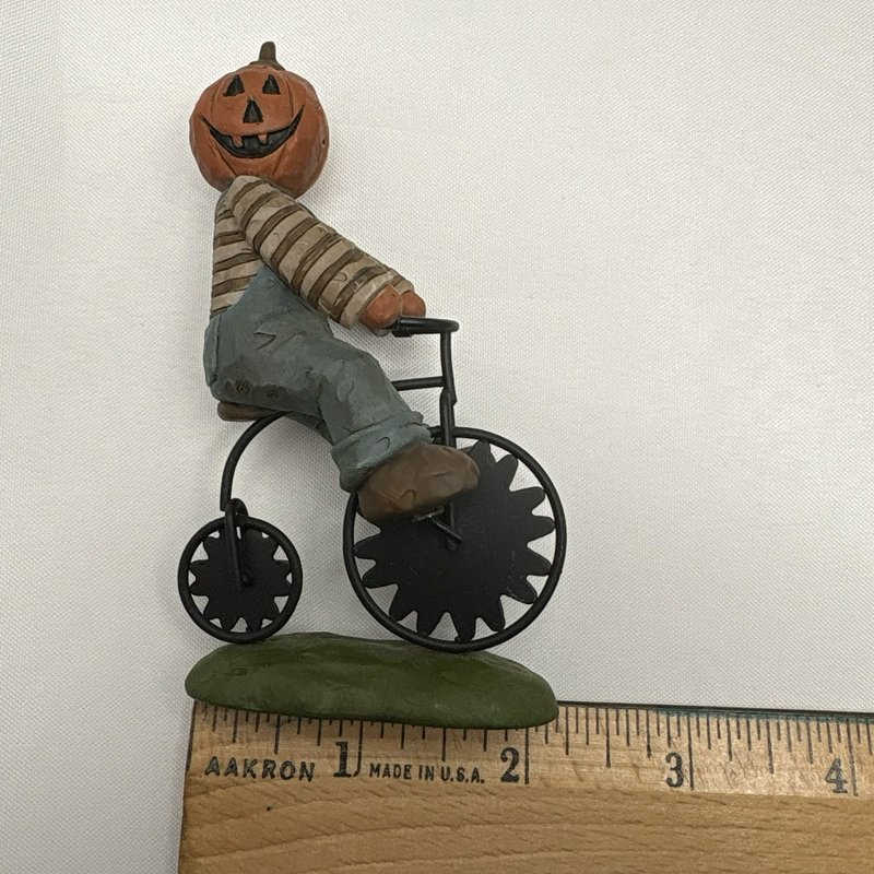Suzi Skoglund Halloween Pumpkin Head Bicycle Figurines Set of 2 Folk Art