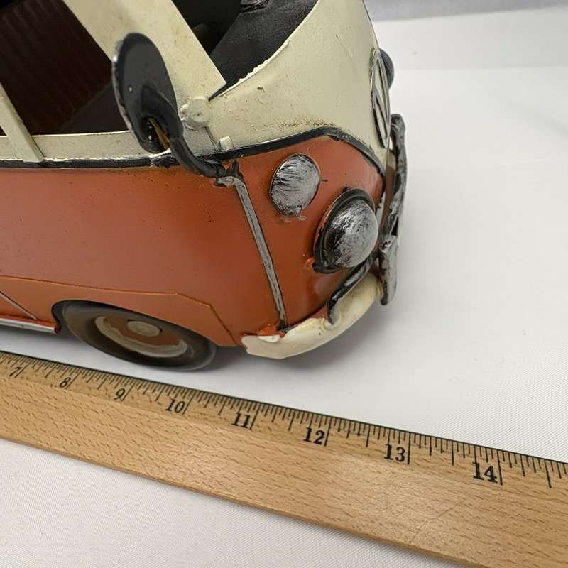 Retro Metal Surf Bus Van Orange Cream Two Surfboards Roof Rack Beach Decor 13"
