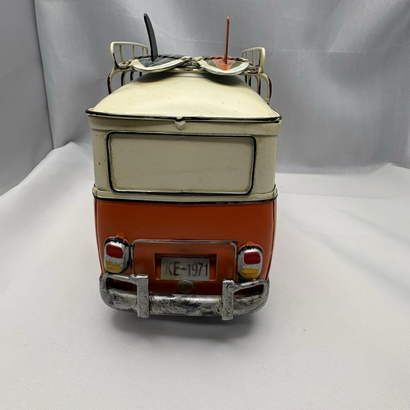 Retro Metal Surf Bus Van Orange Cream Two Surfboards Roof Rack Beach Decor 13"