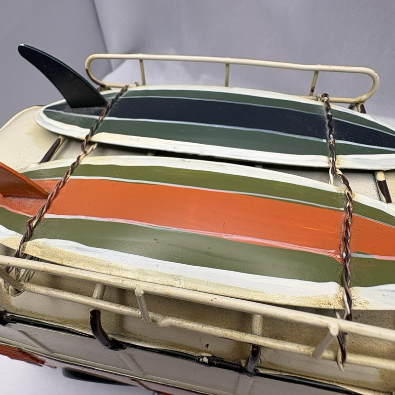 Retro Metal Surf Bus Van Orange Cream Two Surfboards Roof Rack Beach Decor 13"