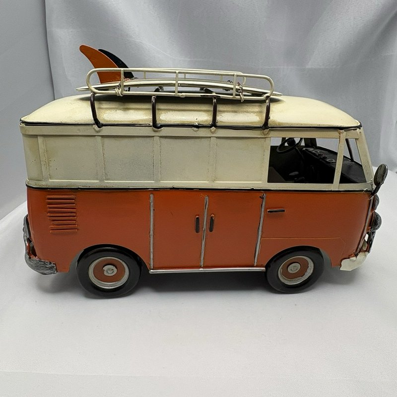 Retro Metal Surf Bus Van Orange Cream Two Surfboards Roof Rack Beach Decor 13"