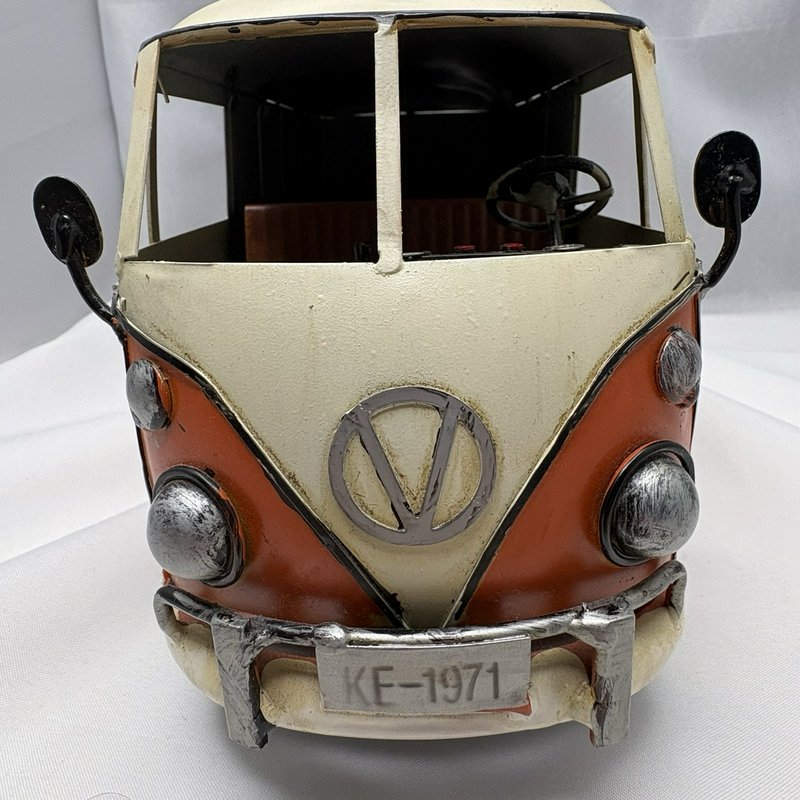 Retro Metal Surf Bus Van Orange Cream Two Surfboards Roof Rack Beach Decor 13"