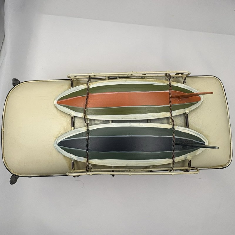 Retro Metal Surf Bus Van Orange Cream Two Surfboards Roof Rack Beach Decor 13"