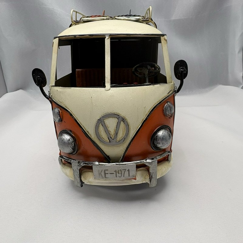 Retro Metal Surf Bus Van Orange Cream Two Surfboards Roof Rack Beach Decor 13"