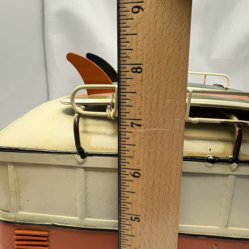 Retro Metal Surf Bus Van Orange Cream Two Surfboards Roof Rack Beach Decor 13"