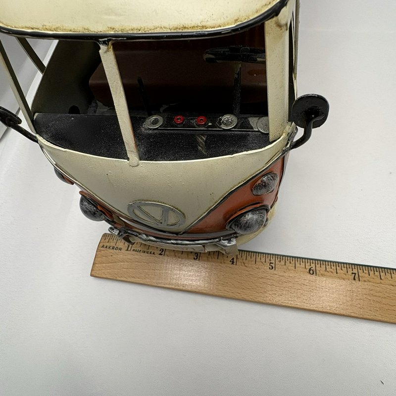 Retro Metal Surf Bus Van Orange Cream Two Surfboards Roof Rack Beach Decor 13"