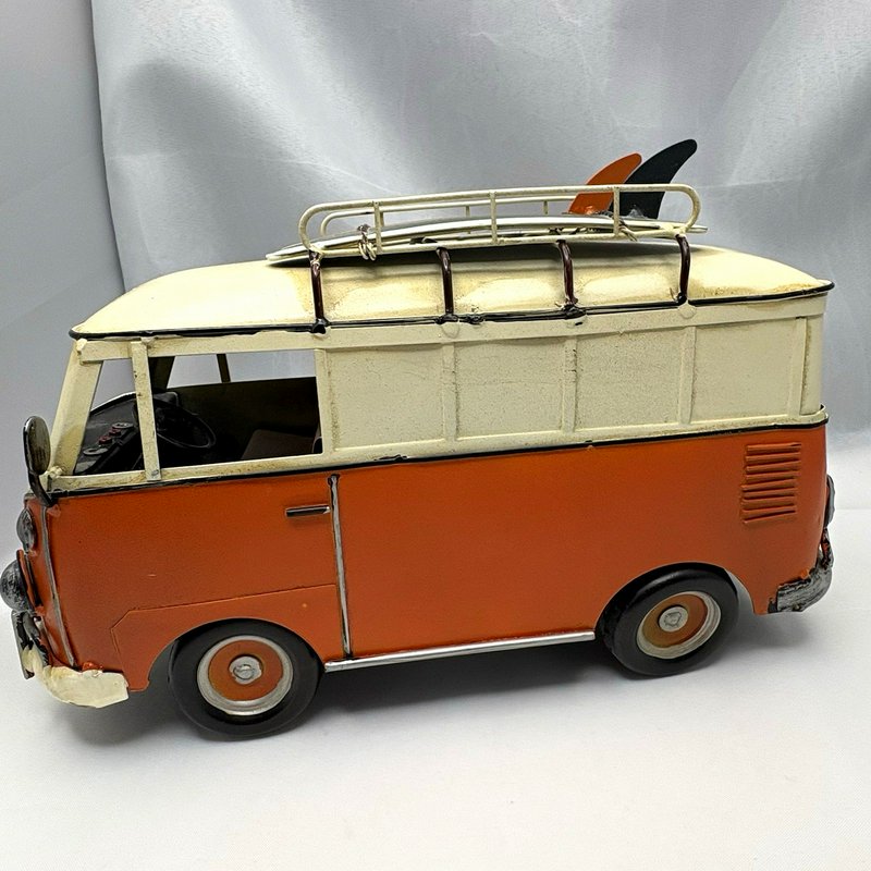Retro Metal Surf Bus Van Orange Cream Two Surfboards Roof Rack Beach Decor 13"