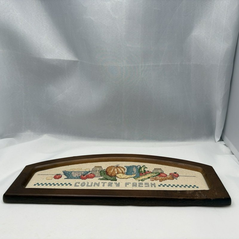 Country Fresh Framed Finished Cross Stitch Needlework Wood Wall Hanging Vintage