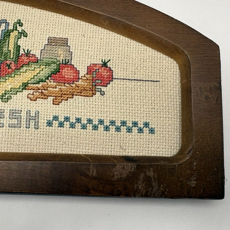 Country Fresh Framed Finished Cross Stitch Needlework Wood Wall Hanging Vintage