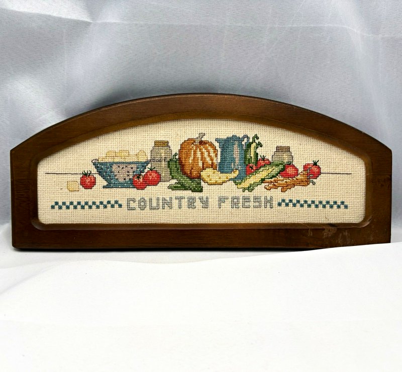 Country Fresh Framed Finished Cross Stitch Needlework Wood Wall Hanging Vintage