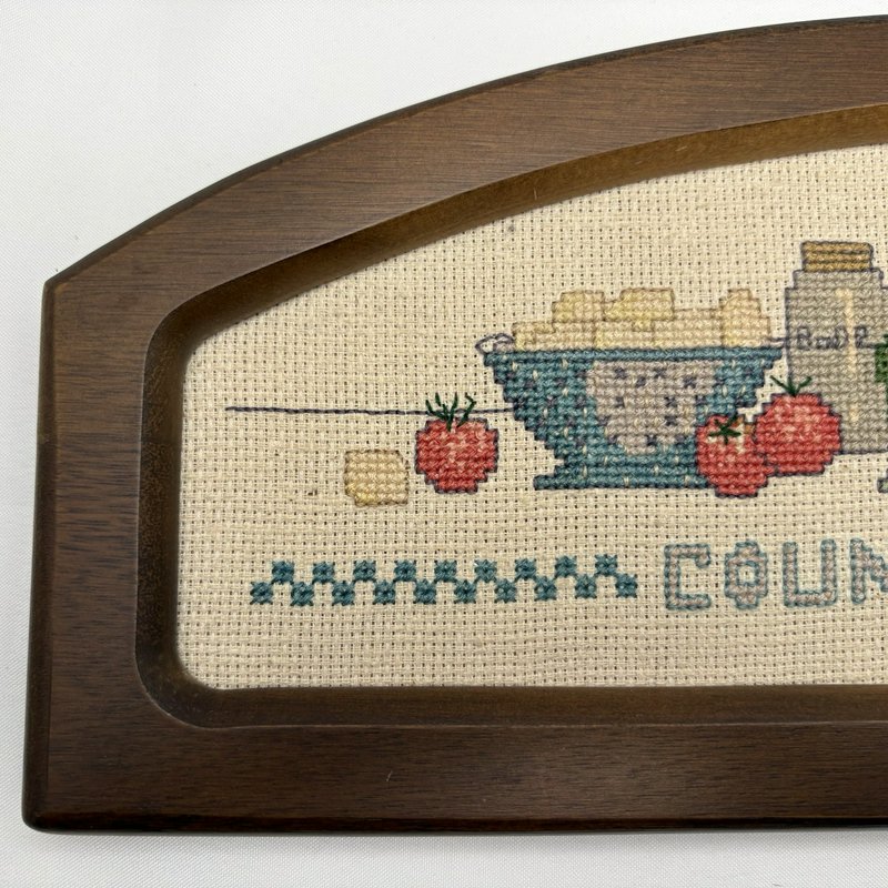 Country Fresh Framed Finished Cross Stitch Needlework Wood Wall Hanging Vintage