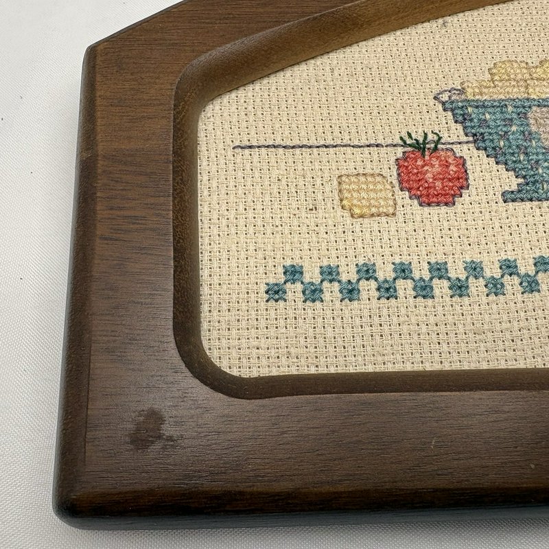 Country Fresh Framed Finished Cross Stitch Needlework Wood Wall Hanging Vintage