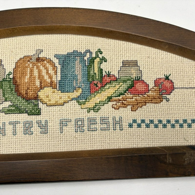 Country Fresh Framed Finished Cross Stitch Needlework Wood Wall Hanging Vintage