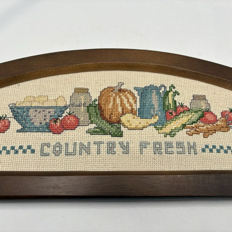 Country Fresh Framed Finished Cross Stitch Needlework Wood Wall Hanging Vintage