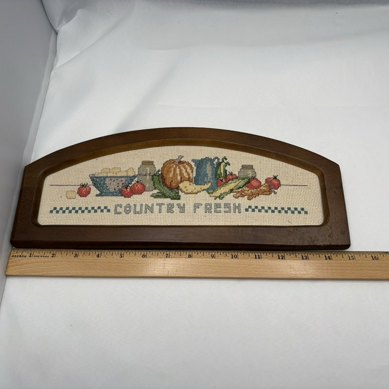 Country Fresh Framed Finished Cross Stitch Needlework Wood Wall Hanging Vintage