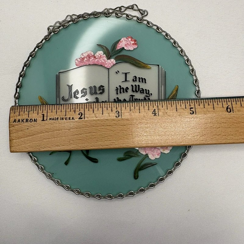 Vintage Hand Painted Glass Religious Motto Plaque John 14:6 Floral Christian