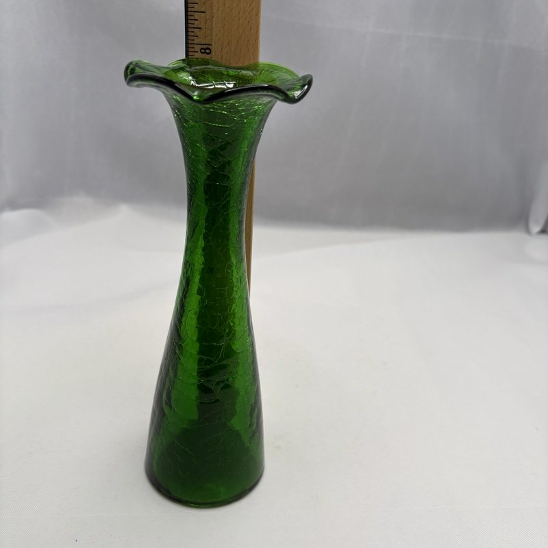 Vintage Emerald Green Crackle Glass Vase Ruffled Rim Art Glass 8 Inch