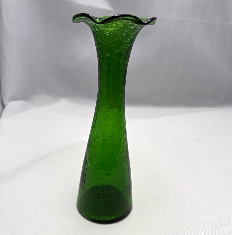 Vintage Emerald Green Crackle Glass Vase Ruffled Rim Art Glass 8 Inch