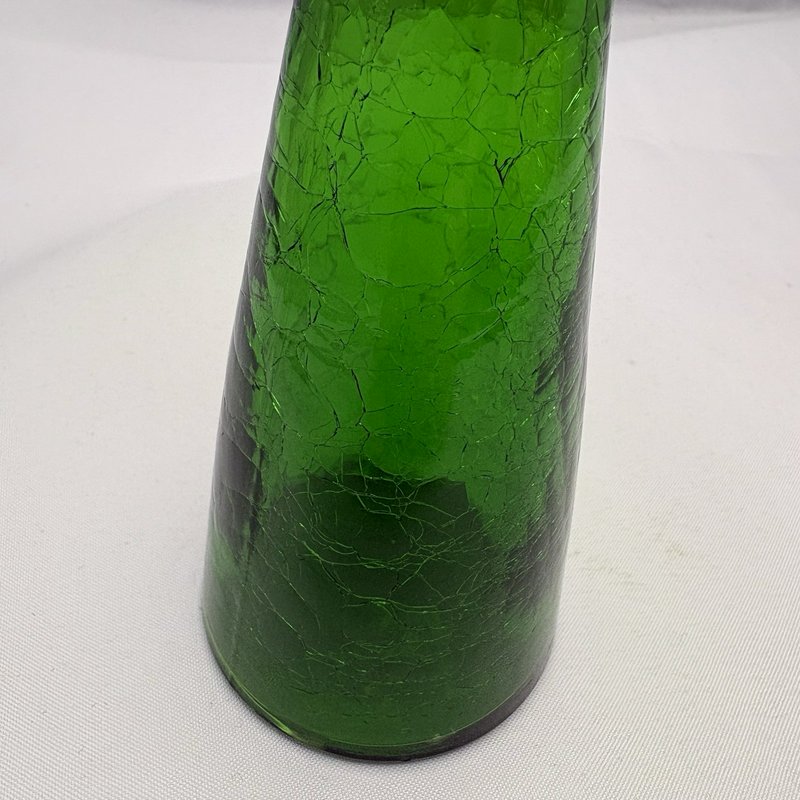Vintage Emerald Green Crackle Glass Vase Ruffled Rim Art Glass 8 Inch