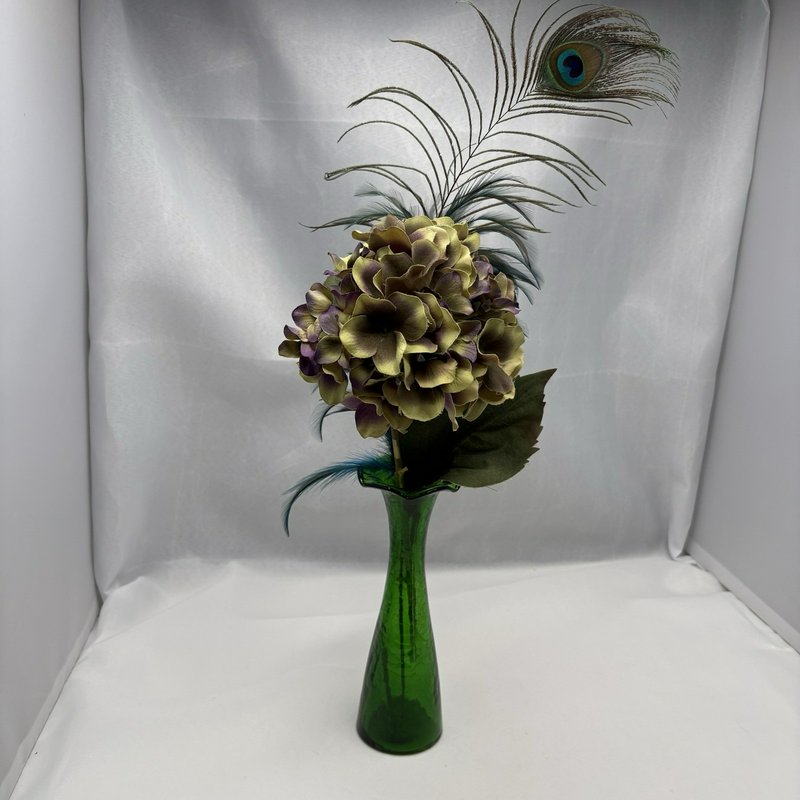 Vintage Emerald Green Crackle Glass Vase Ruffled Rim Art Glass 8 Inch