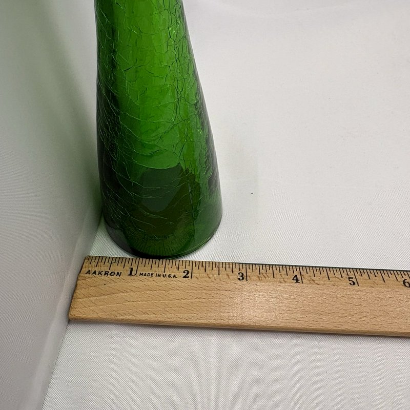 Vintage Emerald Green Crackle Glass Vase Ruffled Rim Art Glass 8 Inch