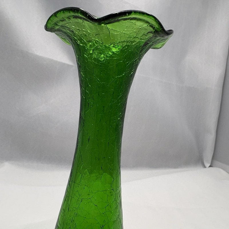 Vintage Emerald Green Crackle Glass Vase Ruffled Rim Art Glass 8 Inch