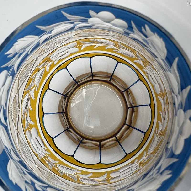 Vintage Bohemian Style Cut to Clear Glass Vase Blue Amber Floral Etched 6"