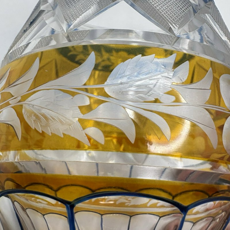 Vintage Bohemian Style Cut to Clear Glass Vase Blue Amber Floral Etched 6"