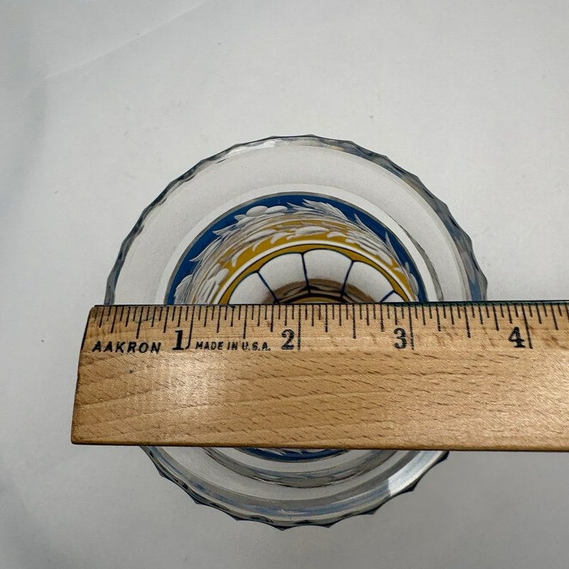 Vintage Bohemian Style Cut to Clear Glass Vase Blue Amber Floral Etched 6"