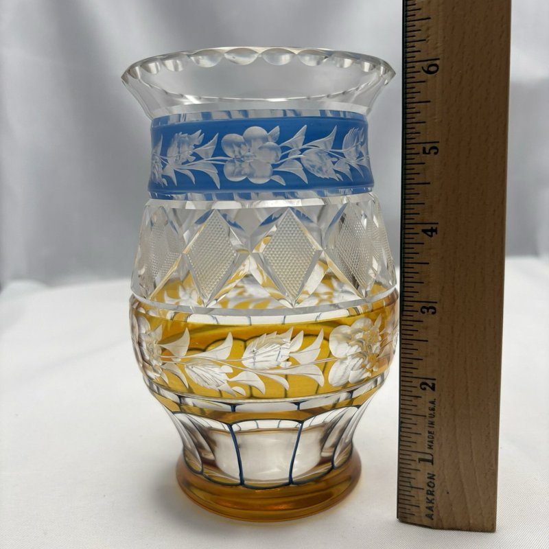 Vintage Bohemian Style Cut to Clear Glass Vase Blue Amber Floral Etched 6"