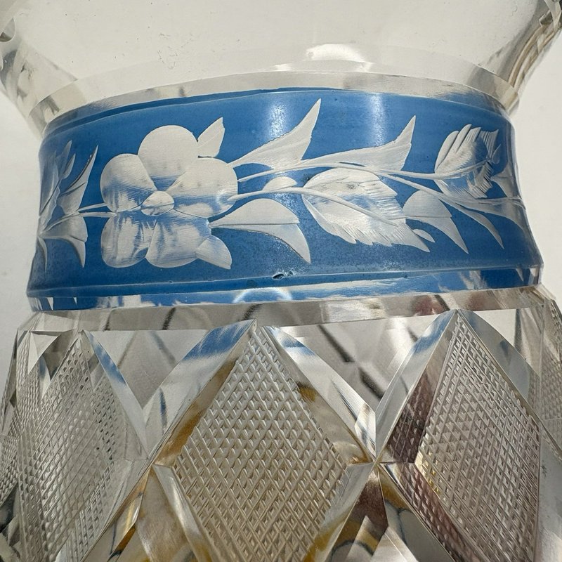 Vintage Bohemian Style Cut to Clear Glass Vase Blue Amber Floral Etched 6"