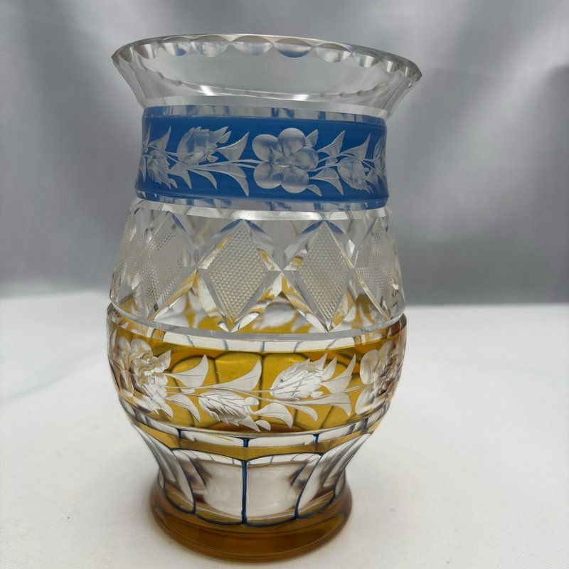 Vintage Bohemian Style Cut to Clear Glass Vase Blue Amber Floral Etched 6"