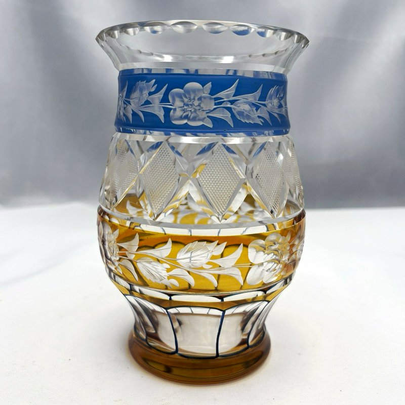 Vintage Bohemian Style Cut to Clear Glass Vase Blue Amber Floral Etched 6"