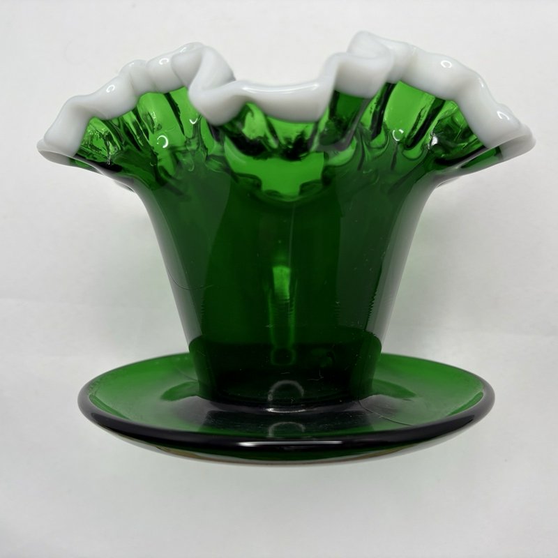 Vintage Fenton Emerald Green Snowcrest Glass Flower Pot Planter Attached Saucer