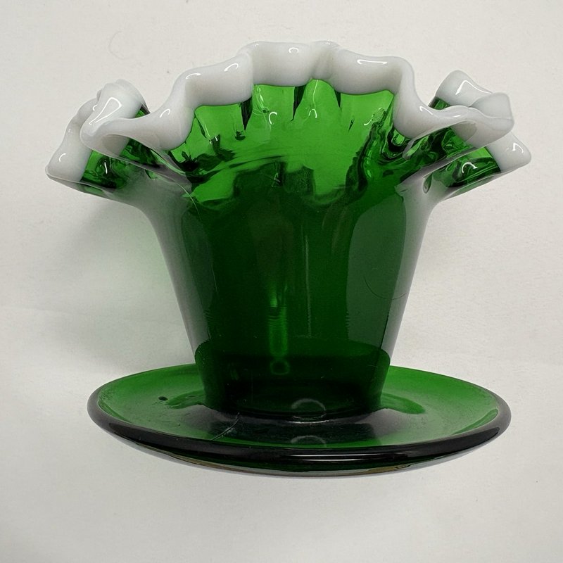 Vintage Fenton Emerald Green Snowcrest Glass Flower Pot Planter Attached Saucer